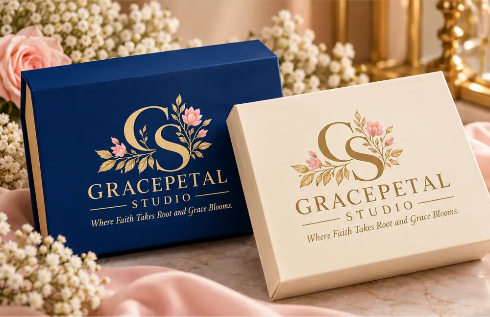 Gracepetal Studio royal blue and ivory magnetic gift boxes with gold botanical GS branding and blush flowers