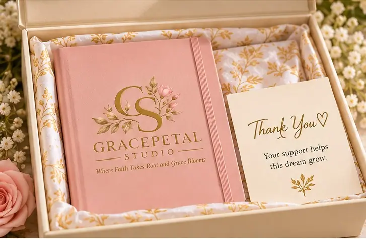 Blush pink faith journal in cream gift box